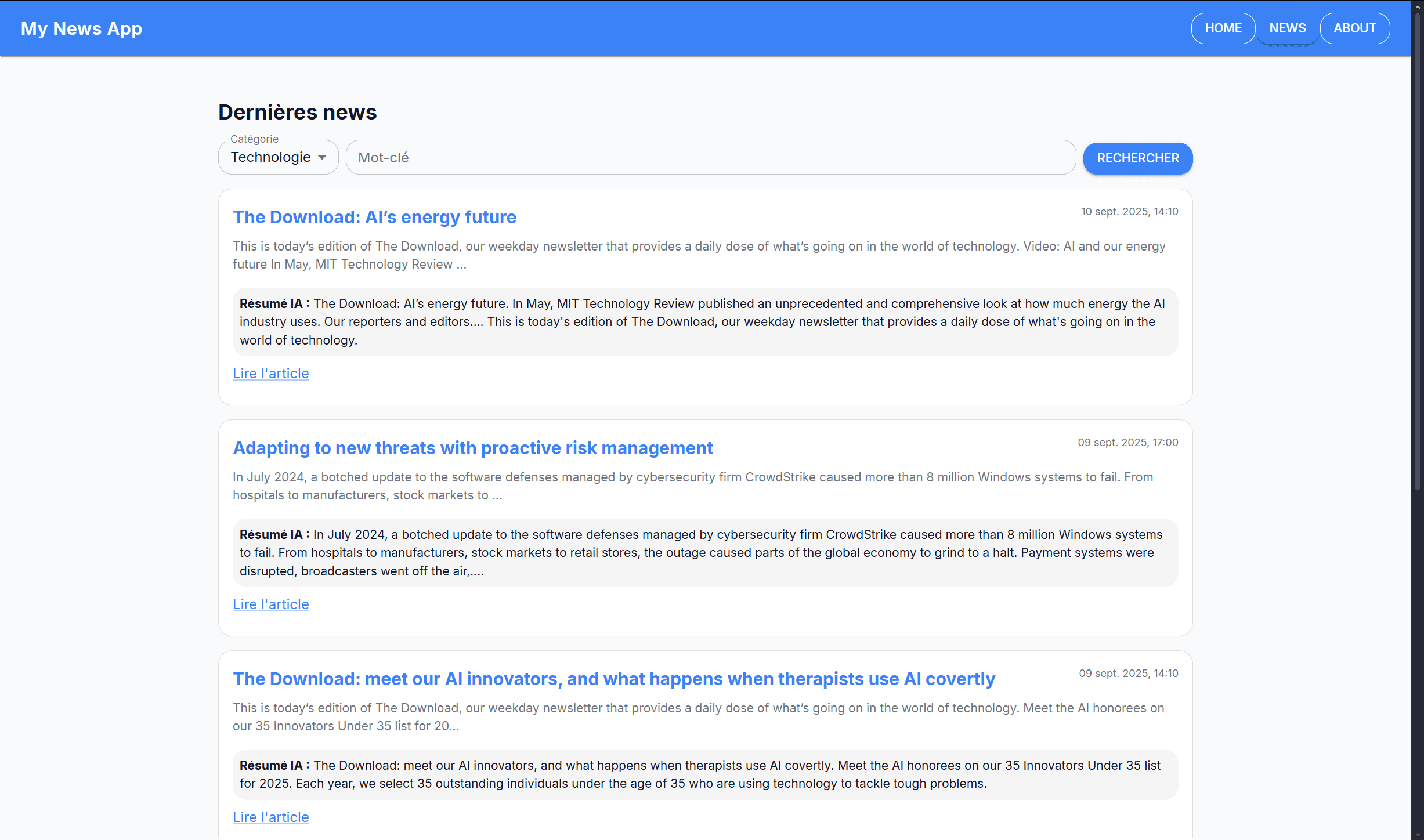 Capture du Dashboard News AI